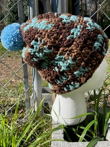 Blue and Brown Multi-Colored Crocheted Adult Hat with Pom Pom