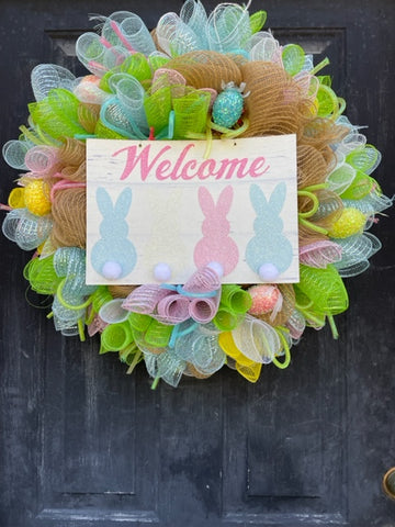 Three bunnies "Welcome" Deco Mesh  Wreath