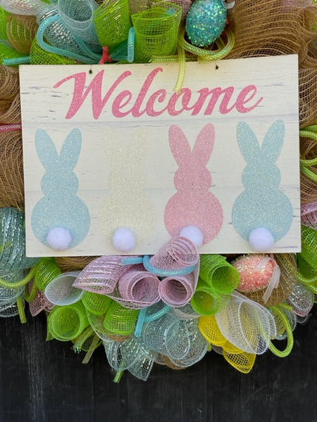 Three bunnies "Welcome" Deco Mesh  Wreath