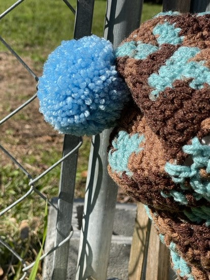 Blue and Brown Multi-Colored Crocheted Adult Hat with Pom Pom