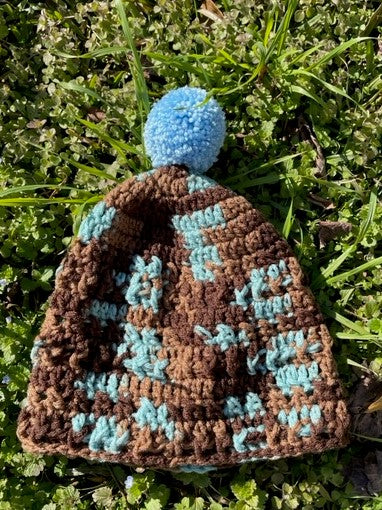 Blue and Brown Multi-Colored Crocheted Adult Hat with Pom Pom